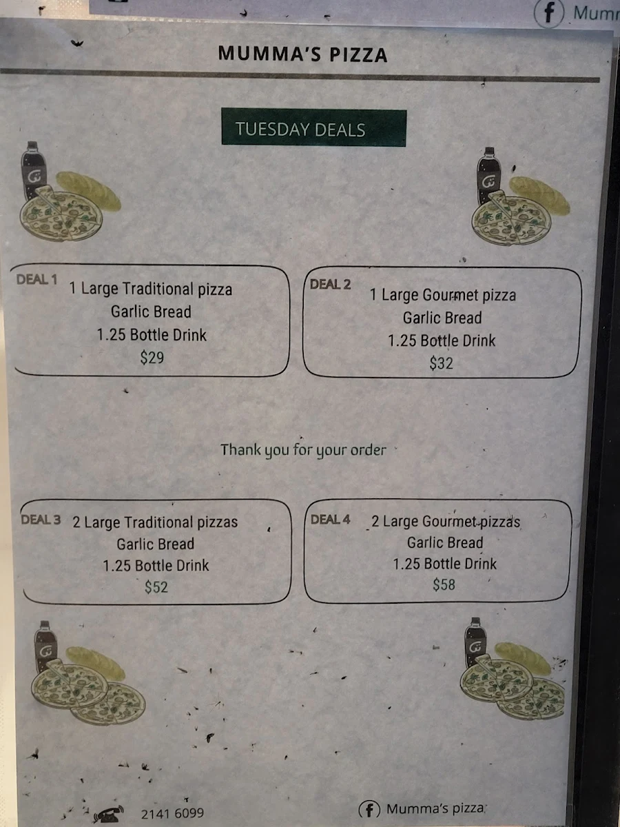 Menu, Mumma's Pizza Cafe