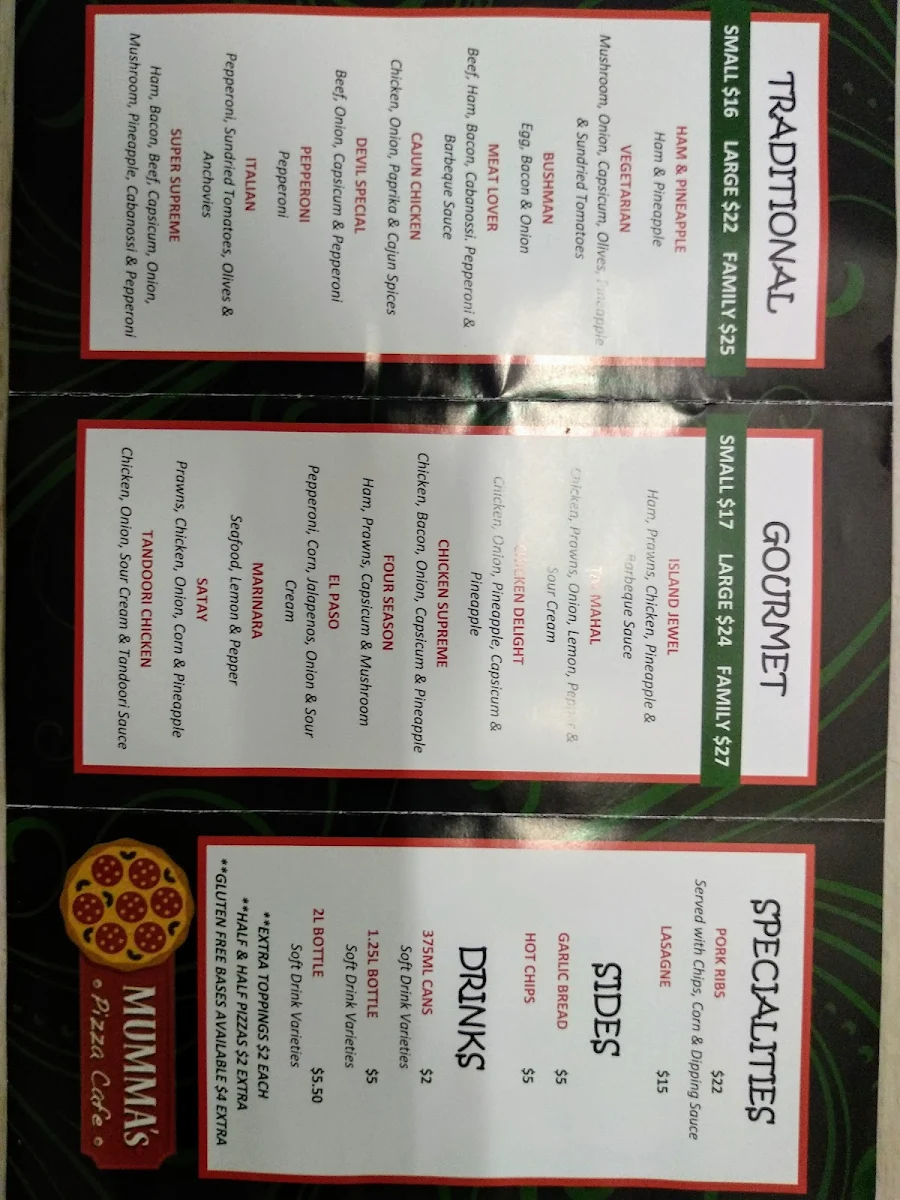 Menu, Mumma's Pizza Cafe