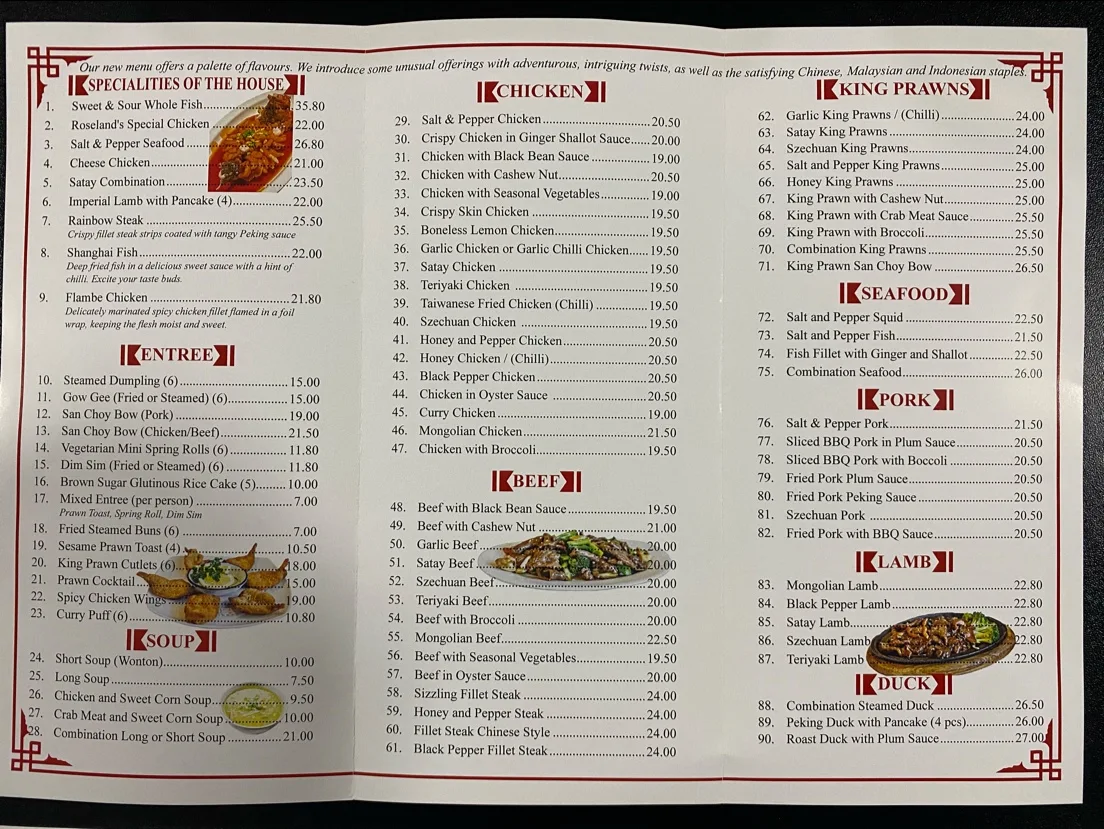 Menu, Roselands Chinese Restaurant