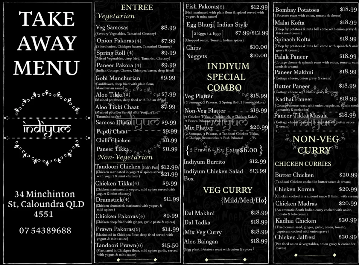Menu, Indiyum Restaurant