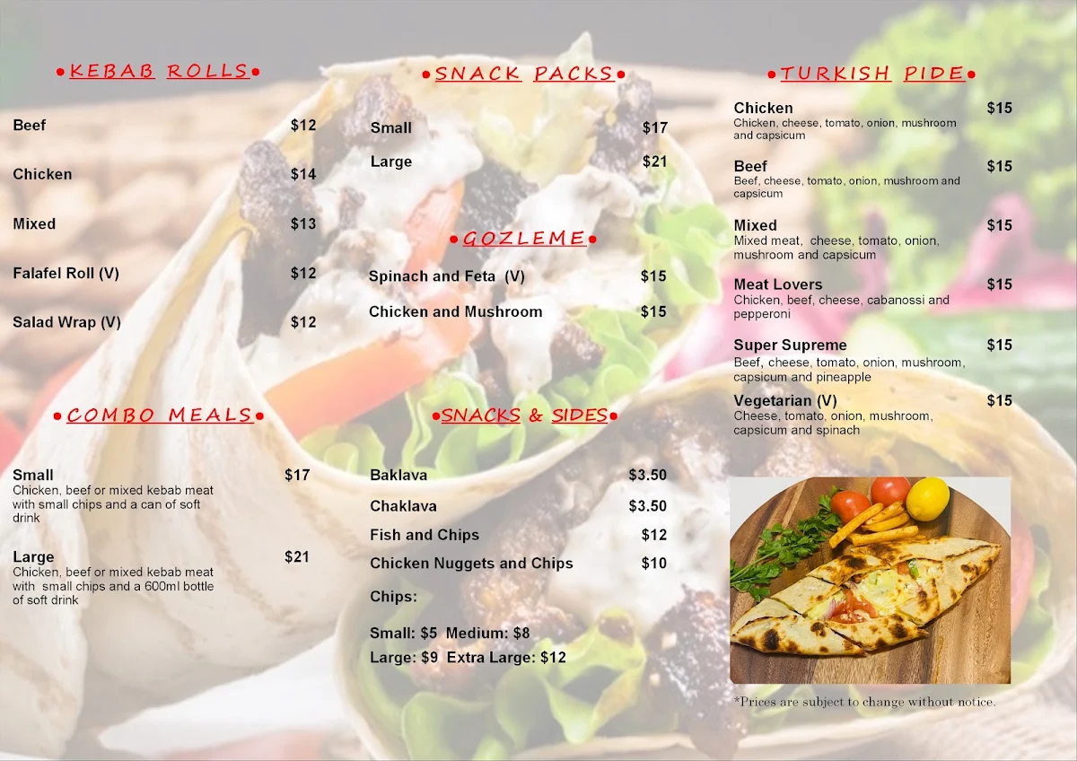 Menu, Singleton Kebabs (Kebabs & Gozleme)