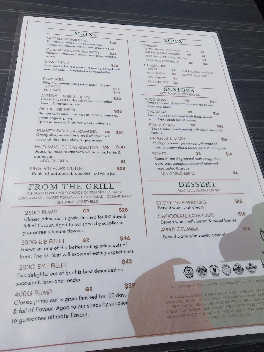 Menu, Ferny Grove Tavern
