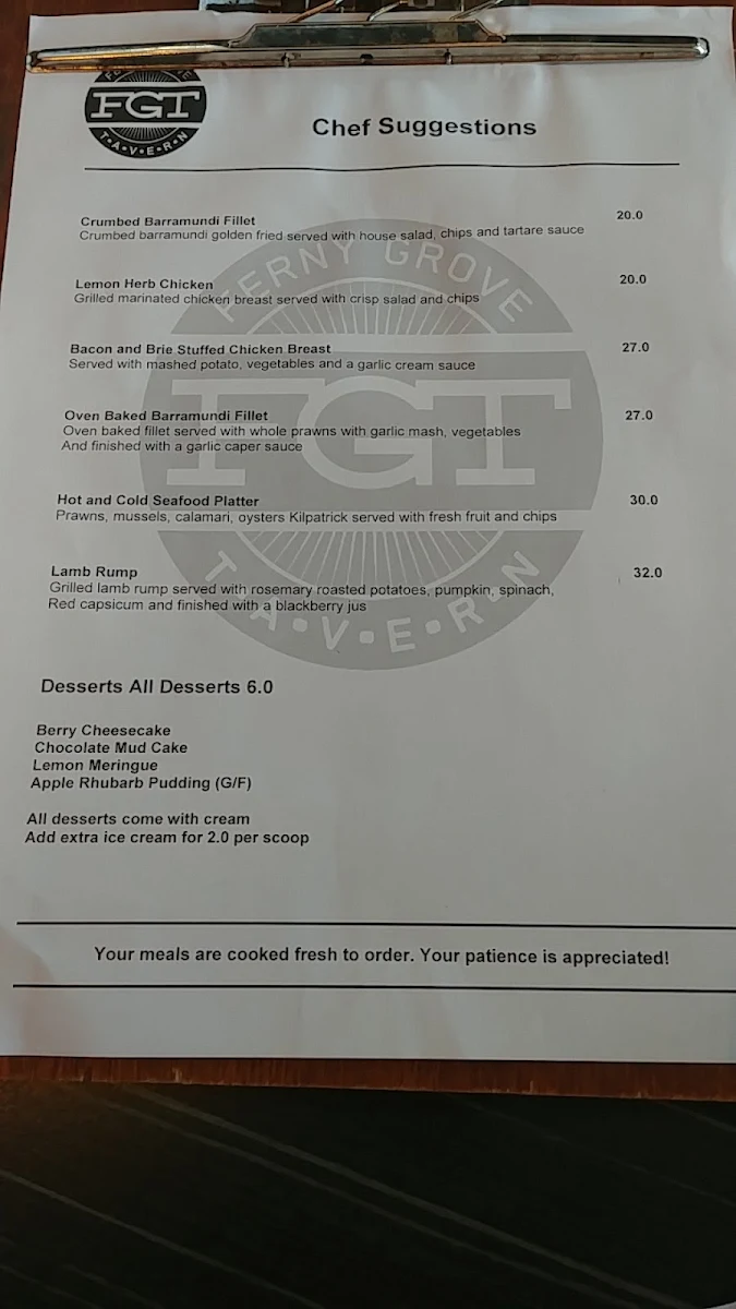 Menu, Ferny Grove Tavern