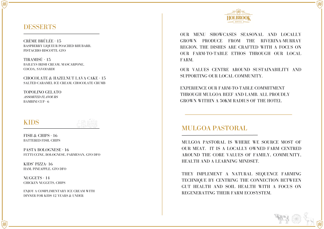 Menu, Holbrook Hotel