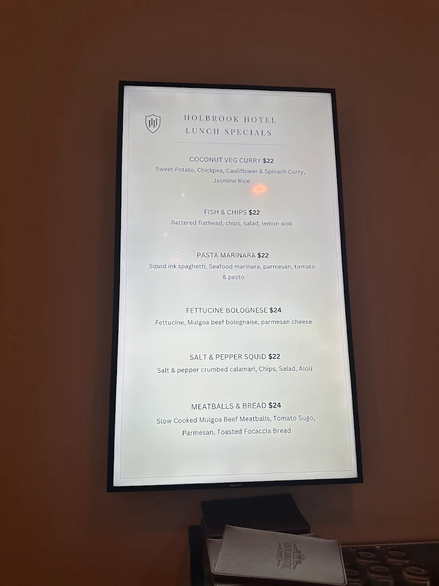 Menu, Holbrook Hotel
