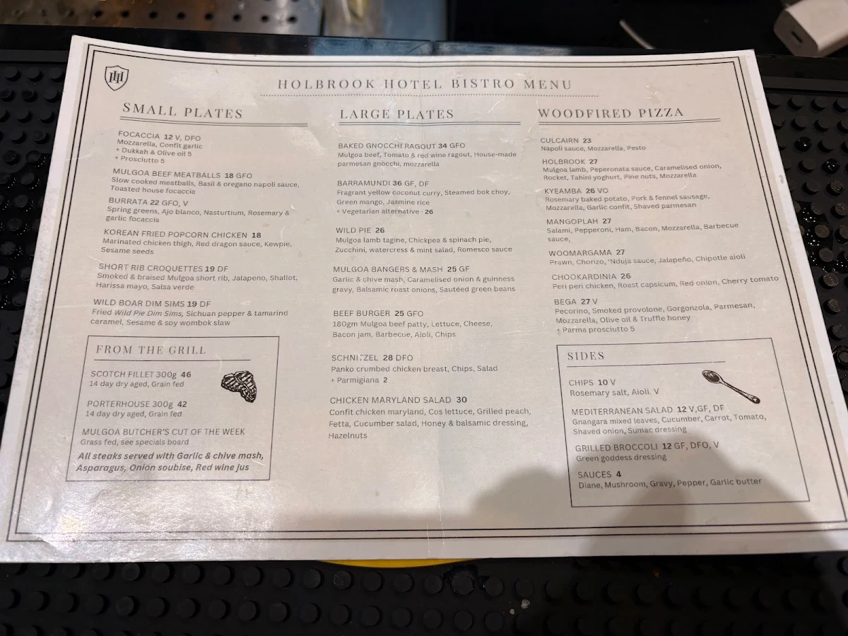 Menu, Holbrook Hotel