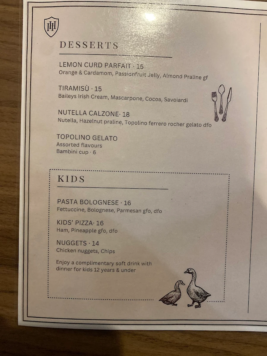 Menu, Holbrook Hotel
