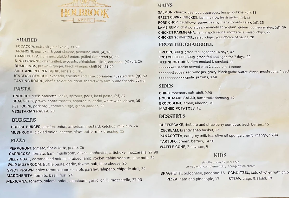 Menu, Holbrook Hotel