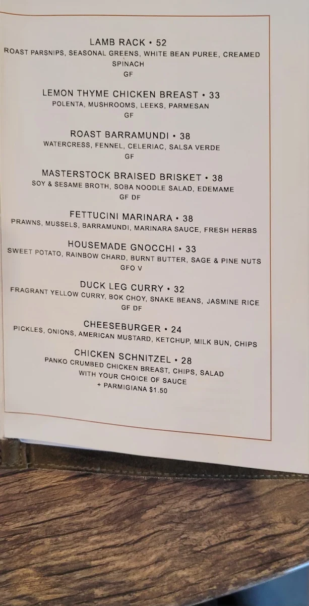 Menu, Holbrook Hotel
