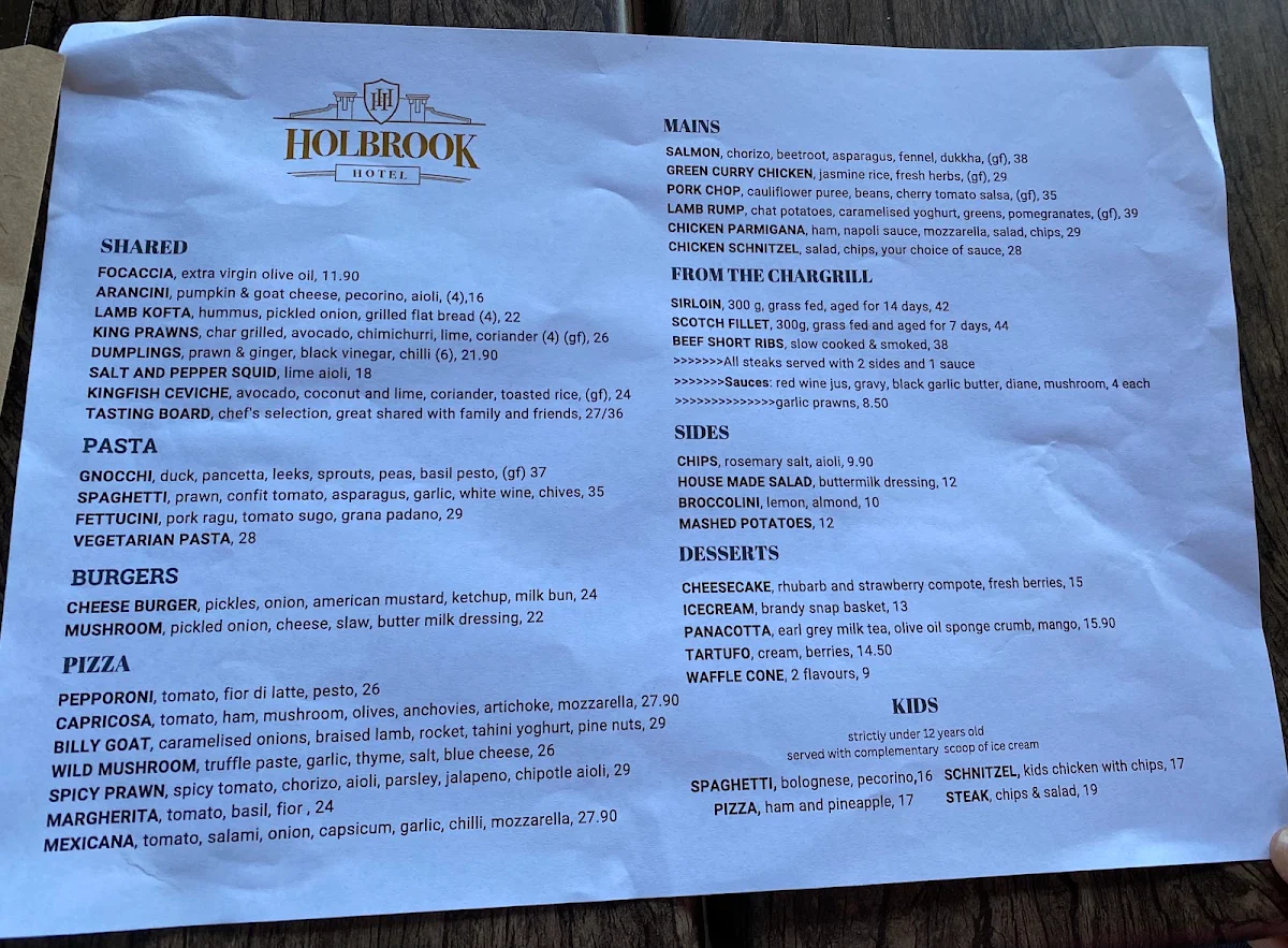 Menu, Holbrook Hotel