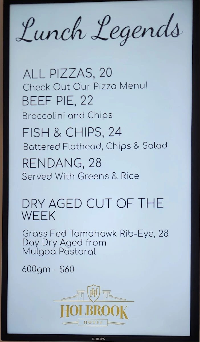 Menu, Holbrook Hotel