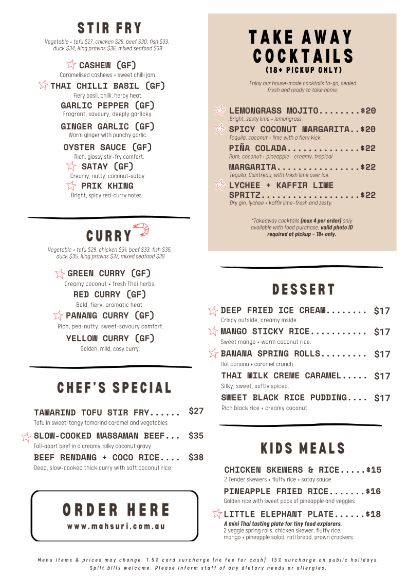 Menu, Mahsuri Thai Restaurant & Bar