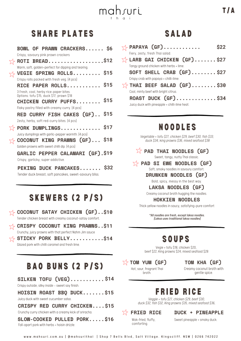 Menu, Mahsuri Thai Restaurant & Bar