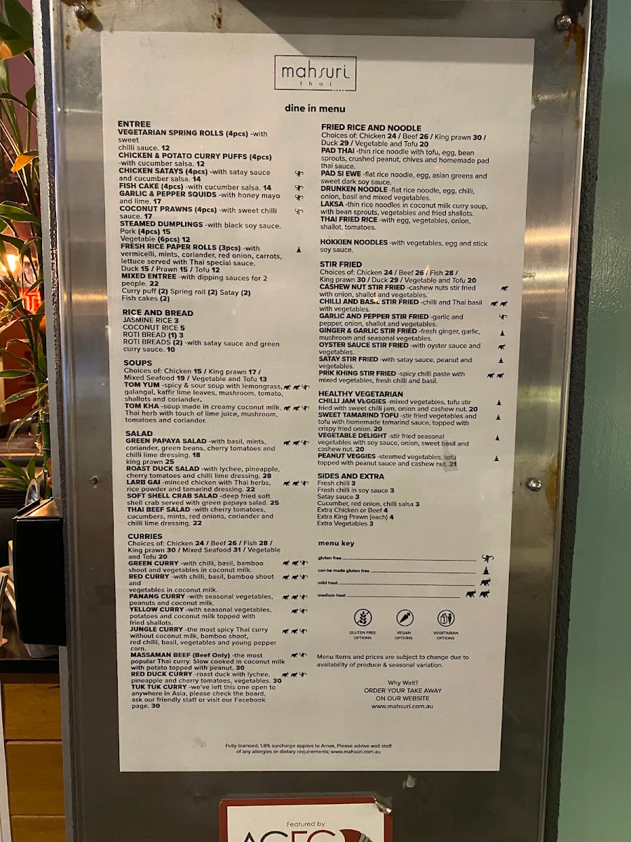 Menu, Mahsuri Thai Restaurant & Bar