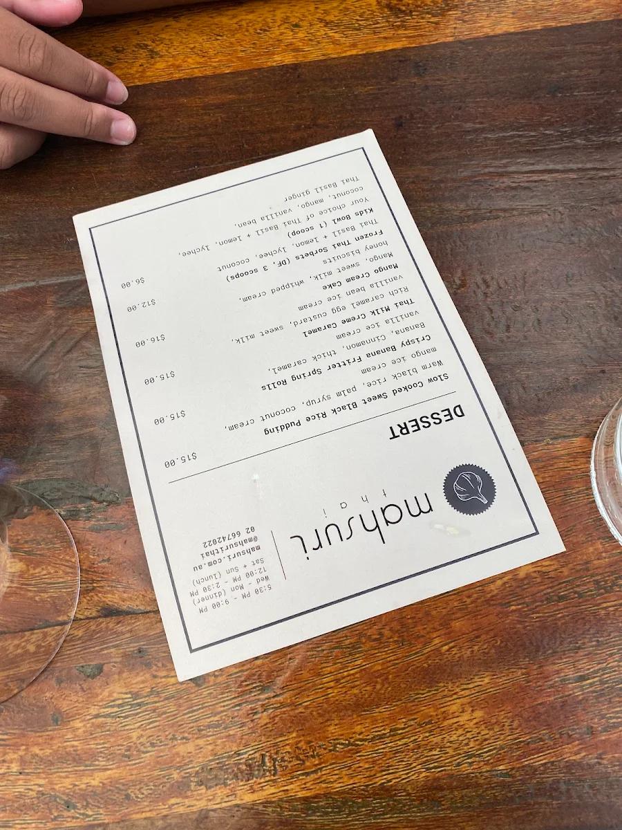 Menu, Mahsuri Thai Restaurant & Bar