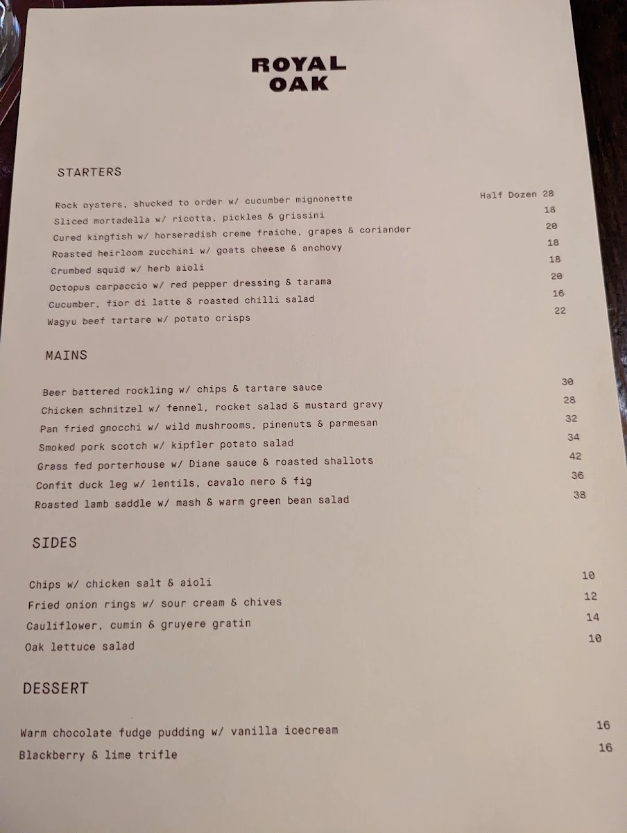 Menu, Royal Oak Hotel