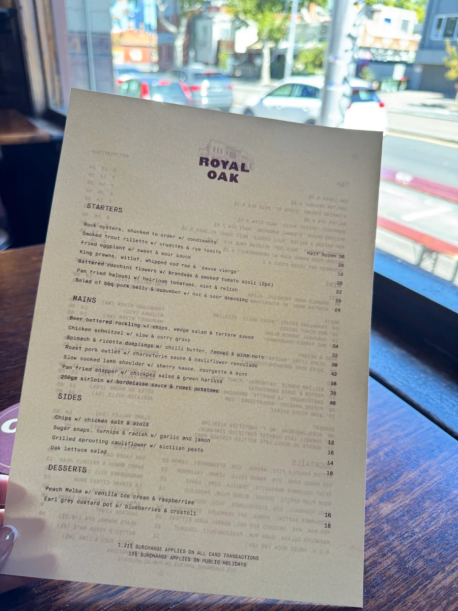 Menu, Royal Oak Hotel