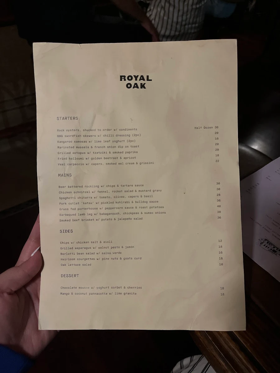 Menu, Royal Oak Hotel