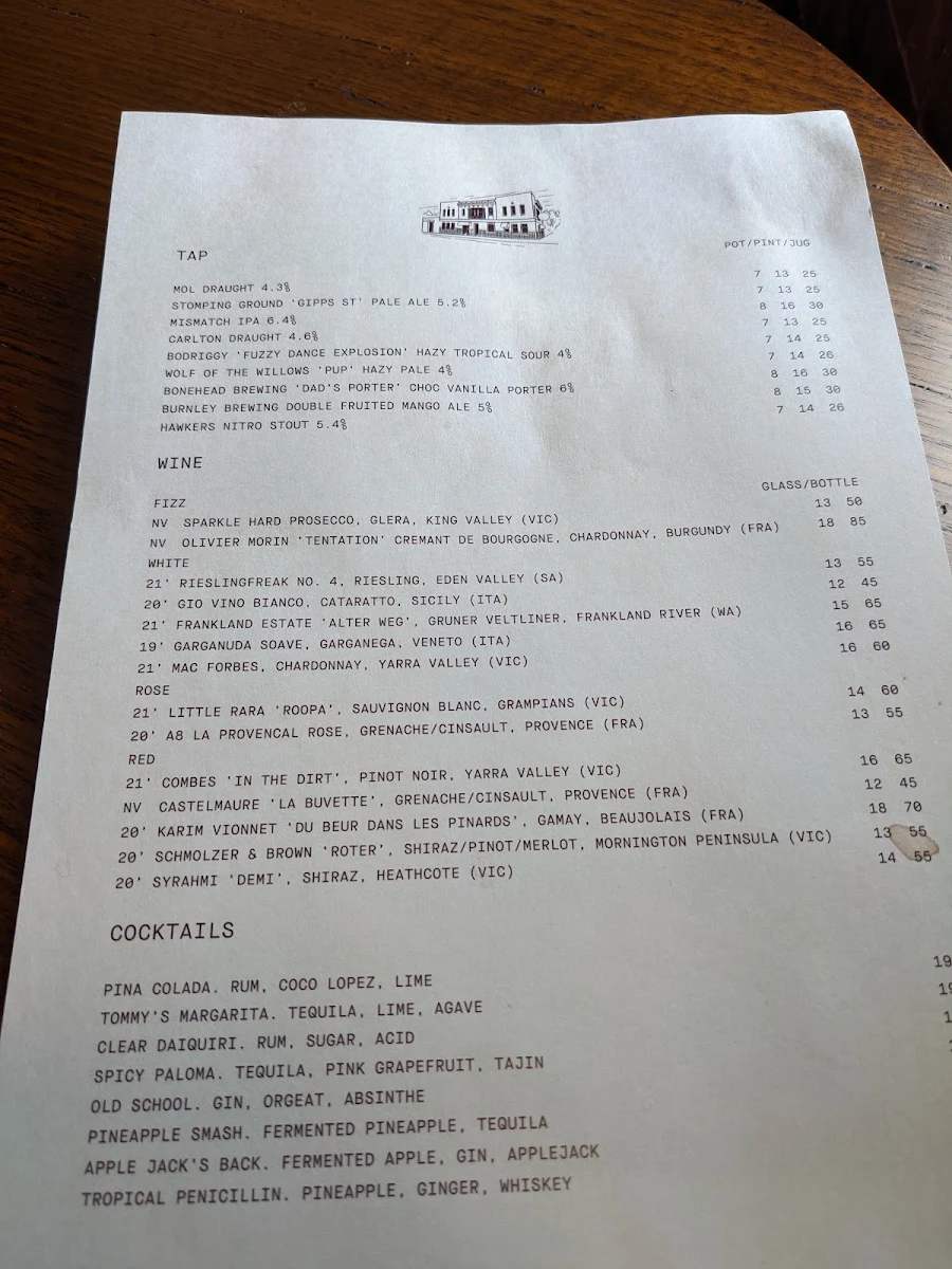 Menu, Royal Oak Hotel