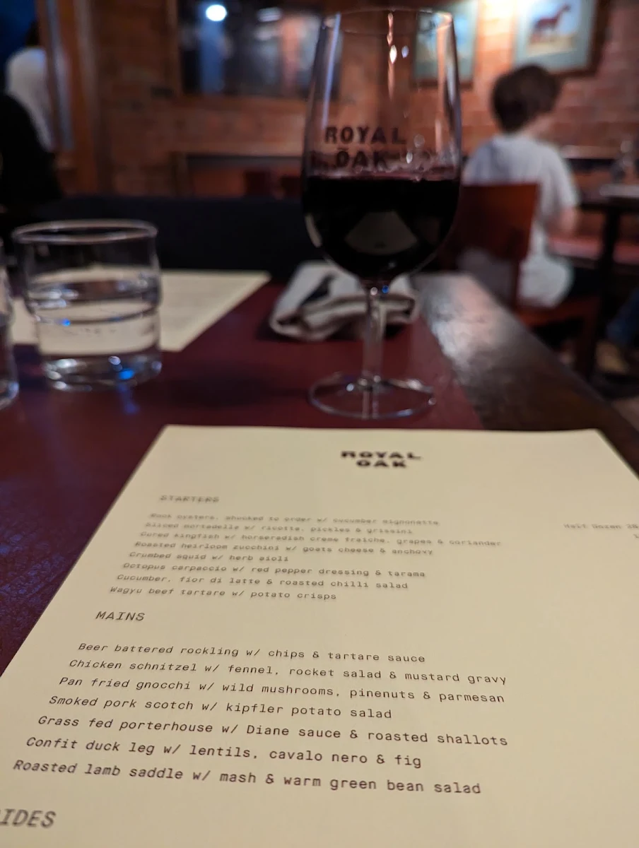 Menu, Royal Oak Hotel
