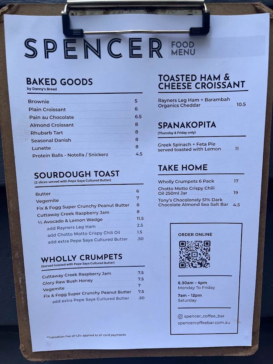 Menu, Spencer Coffee Bar