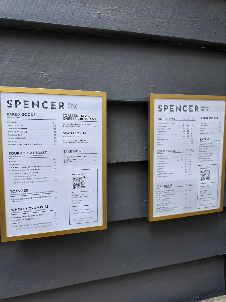 Menu, Spencer Coffee Bar