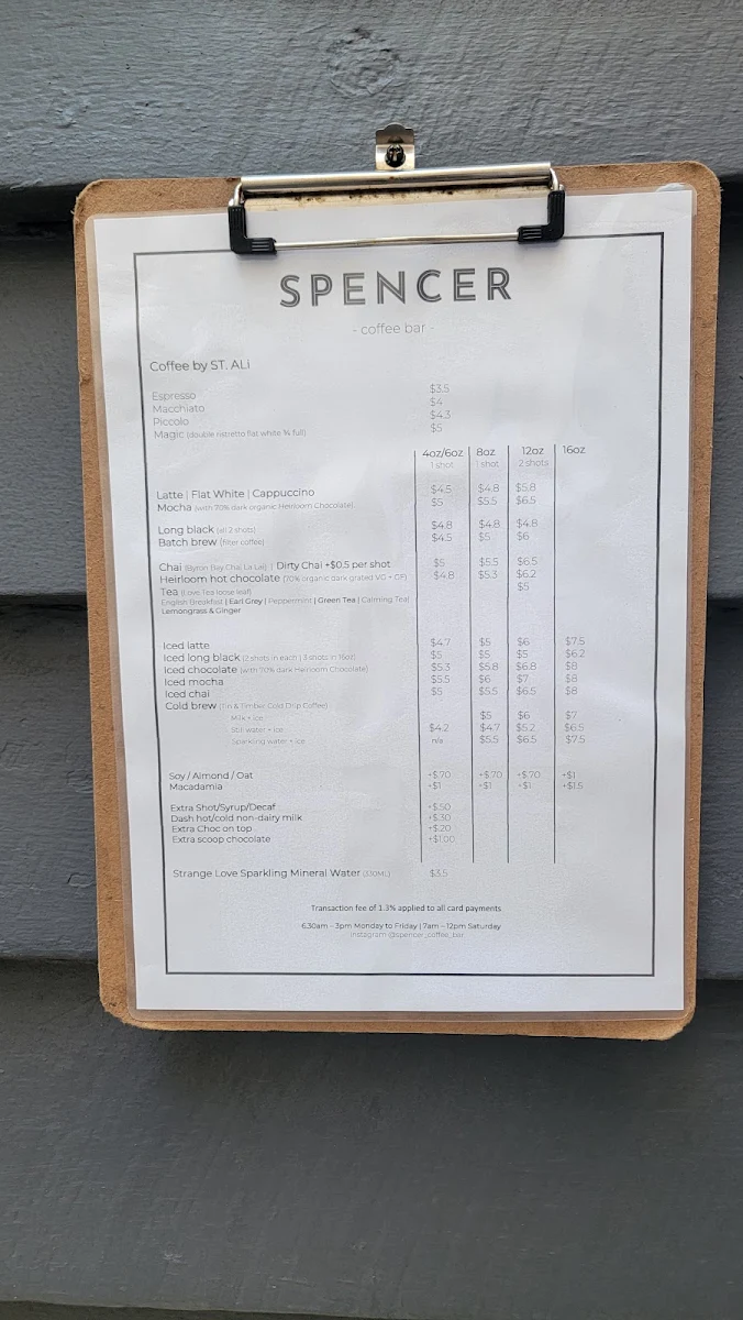 Menu, Spencer Coffee Bar