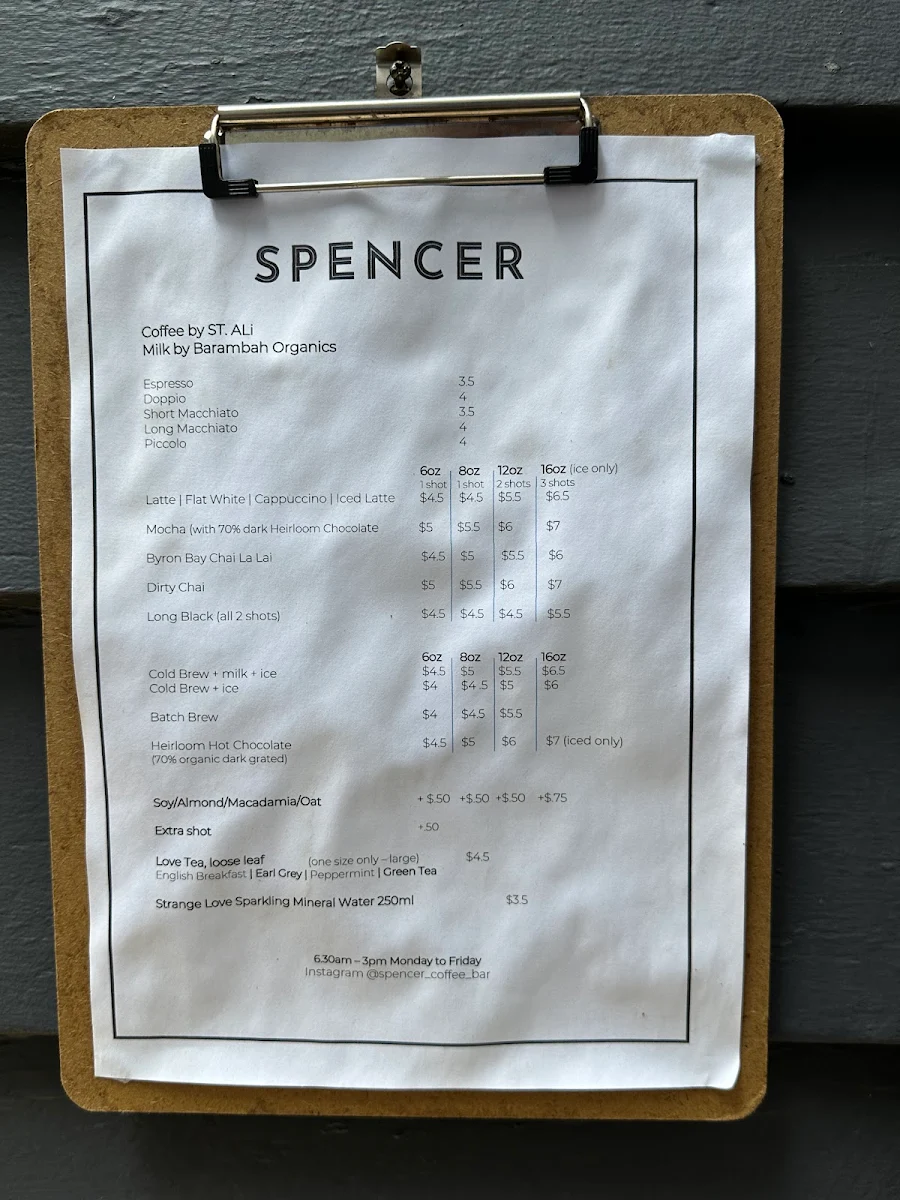 Menu, Spencer Coffee Bar