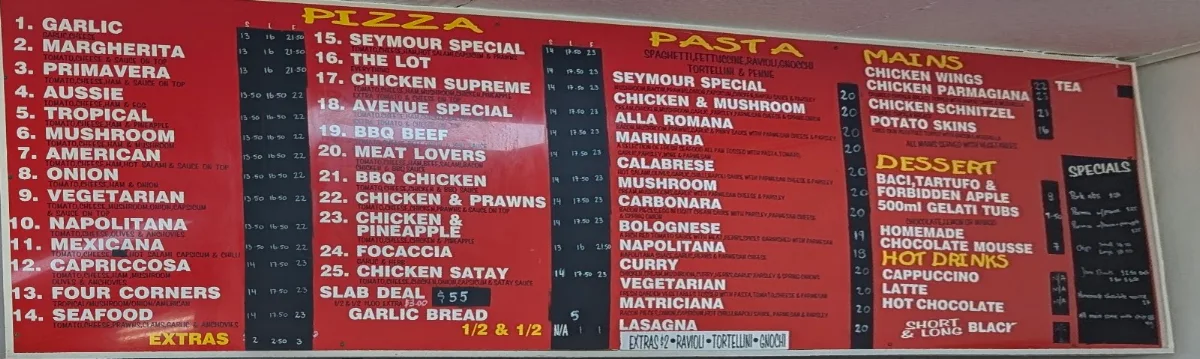 Menu, Seymour Pizza & Pasta