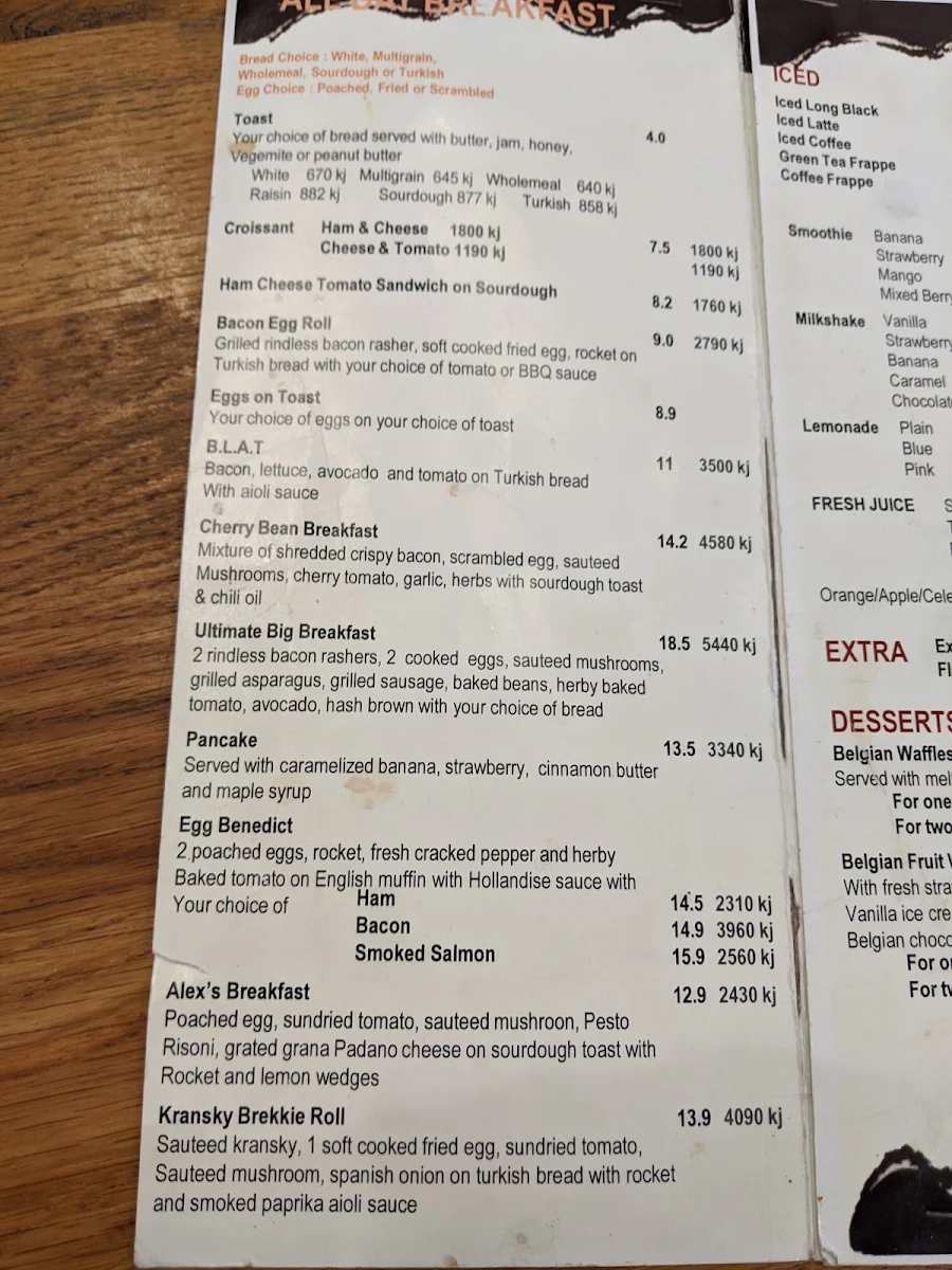 Menu, Caffe Cherry Beans