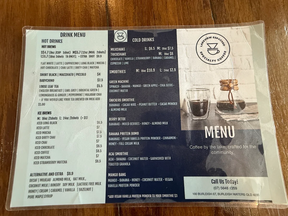Menu, Lakeview Espresso Burleigh