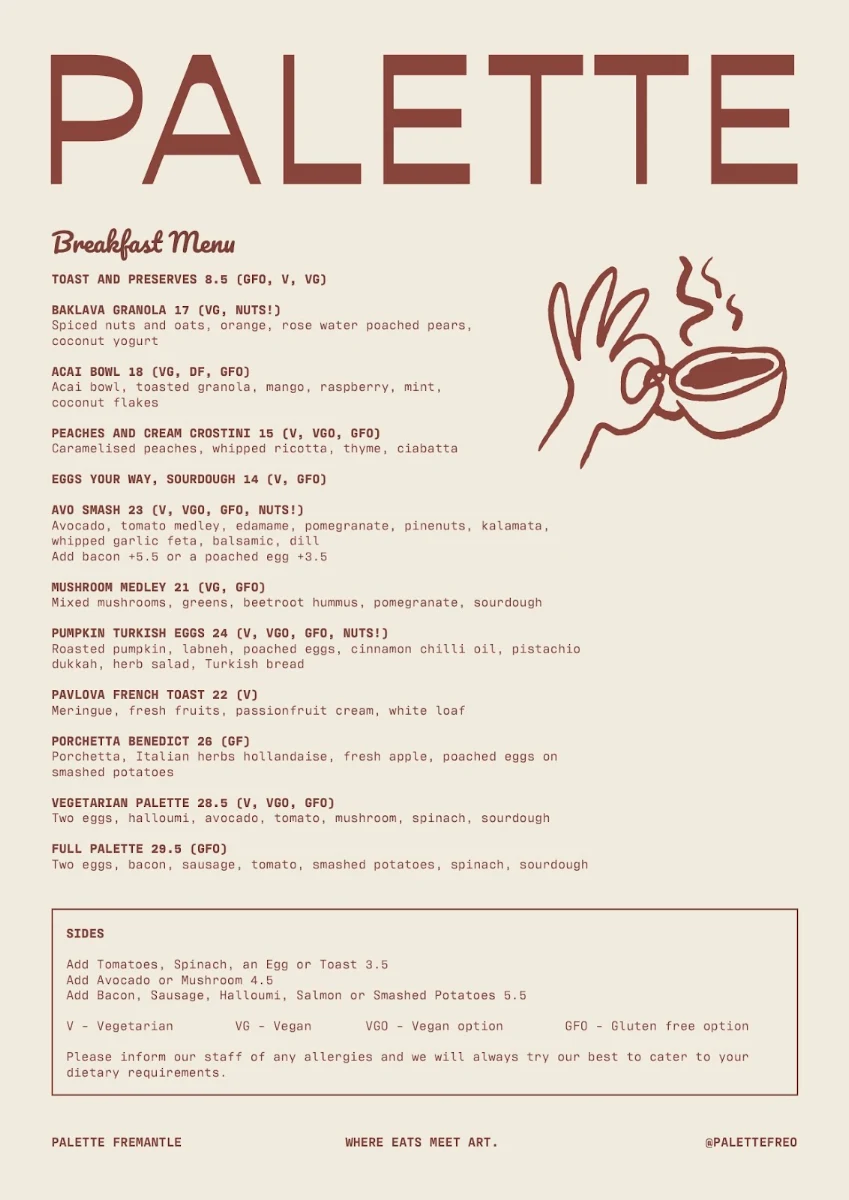 Menu, Palette Fremantle
