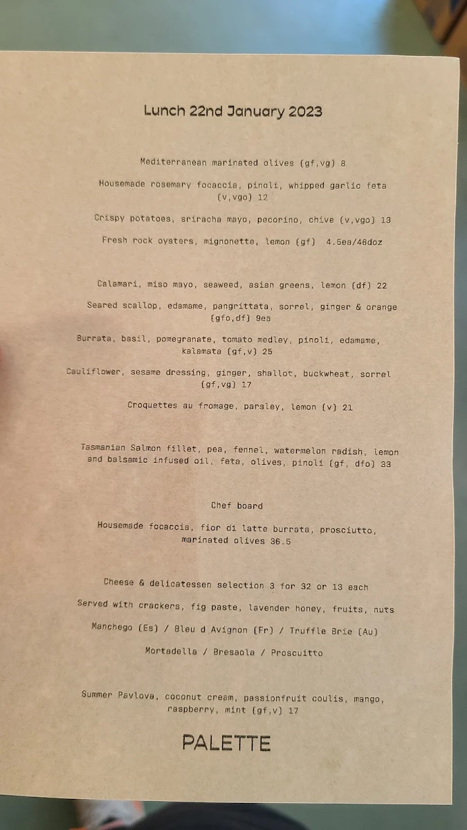 Menu, Palette Fremantle