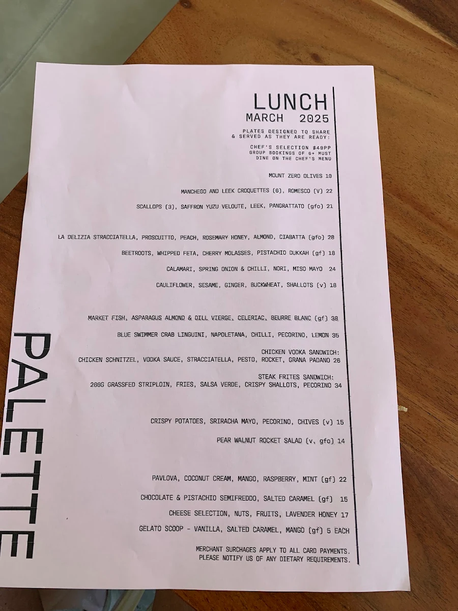 Menu, Palette Fremantle