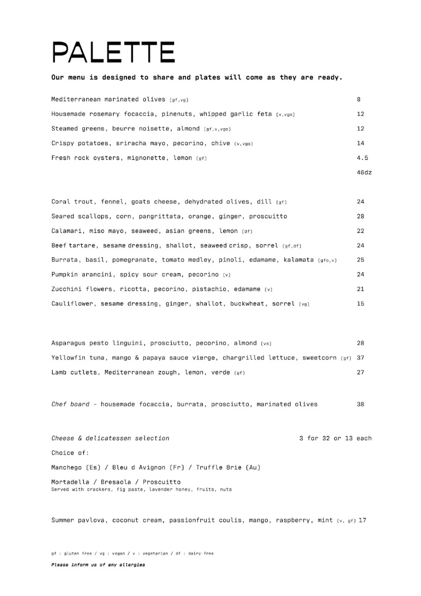 Menu, Palette Fremantle