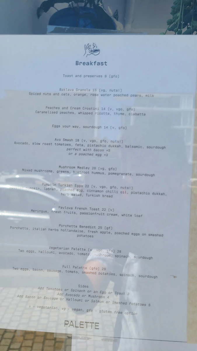 Menu, Palette Fremantle