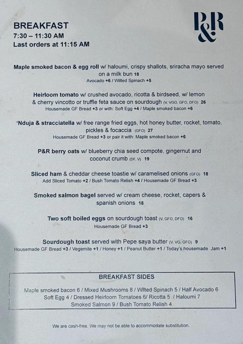Menu, Pablo & Rusty's Sydney CBD