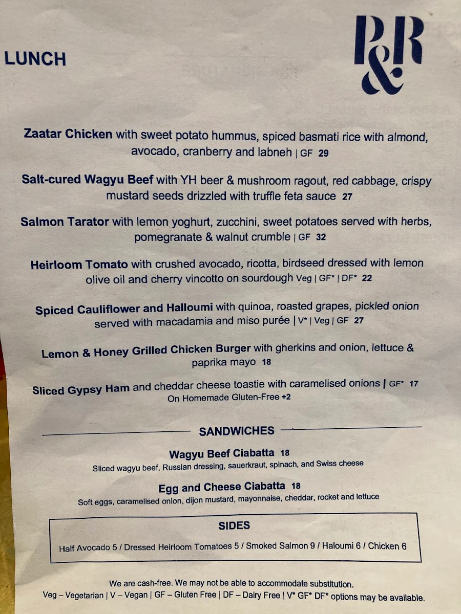 Menu, Pablo & Rusty's Sydney CBD