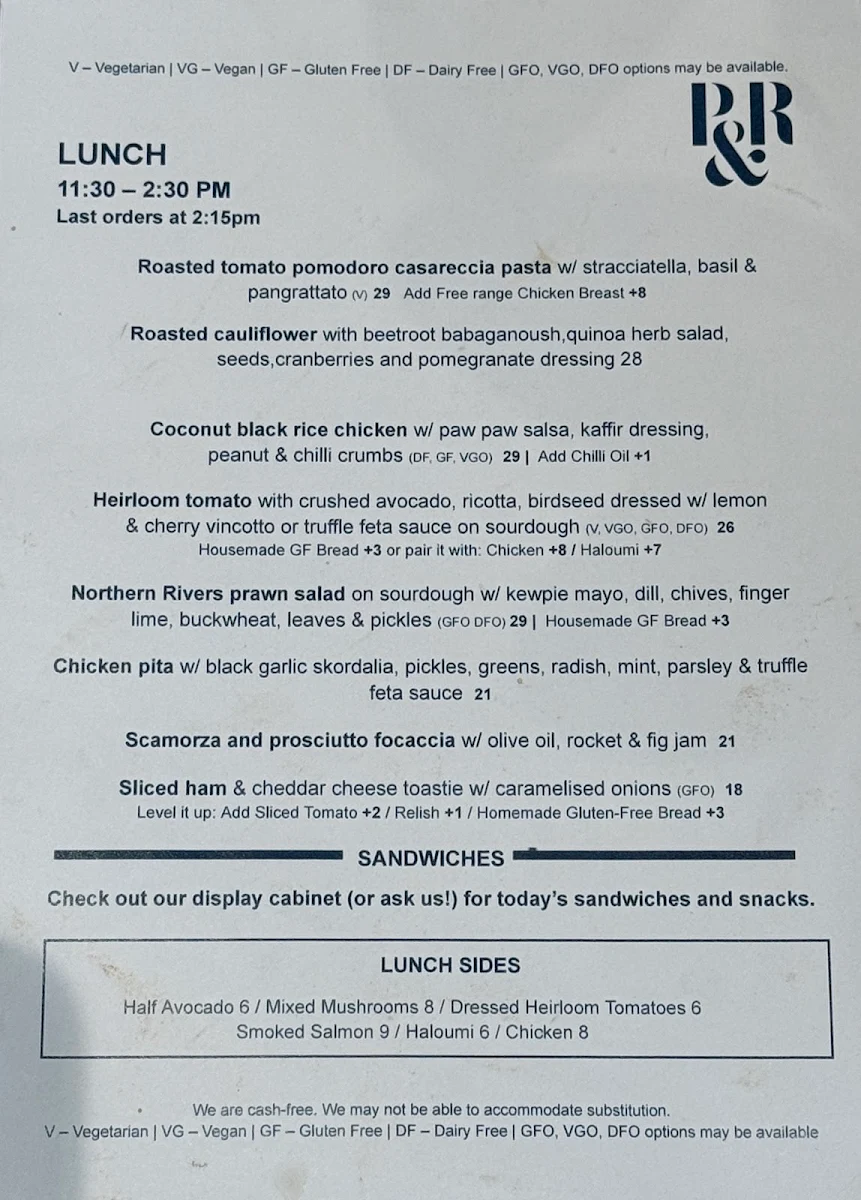 Menu, Pablo & Rusty's Sydney CBD