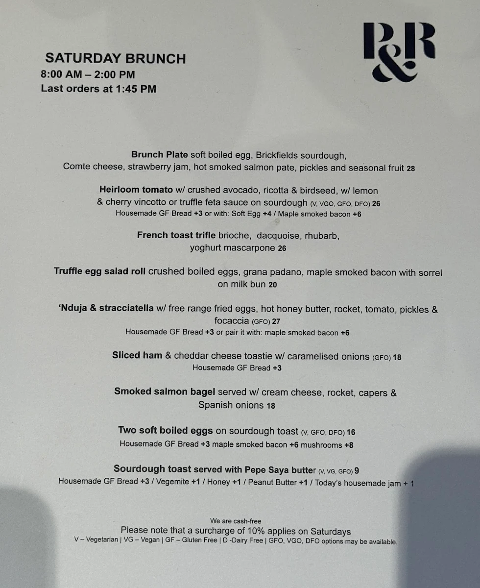 Menu, Pablo & Rusty's Sydney CBD