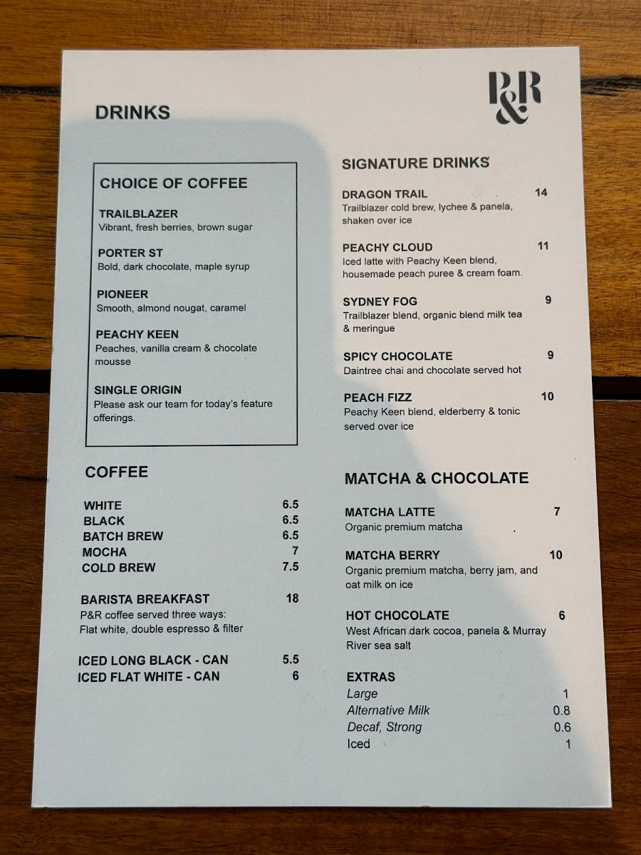 Menu, Pablo & Rusty's Sydney CBD