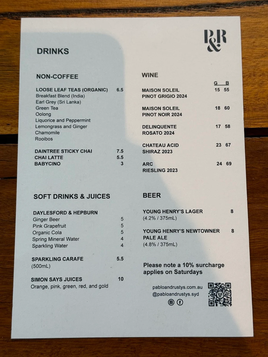 Menu, Pablo & Rusty's Sydney CBD