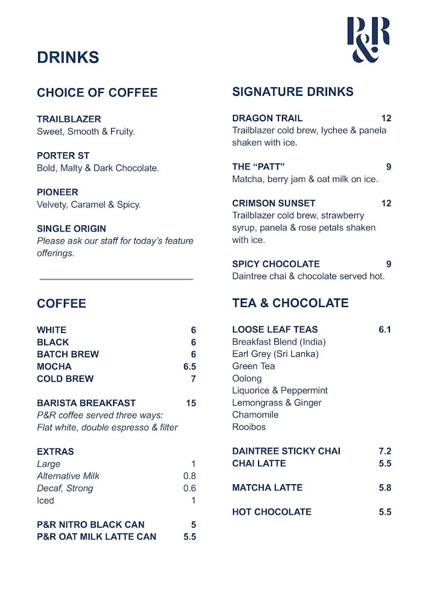 Menu, Pablo & Rusty's Sydney CBD