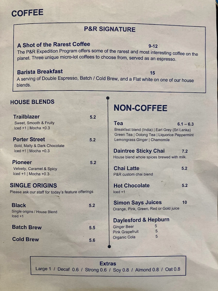 Menu, Pablo & Rusty's Sydney CBD