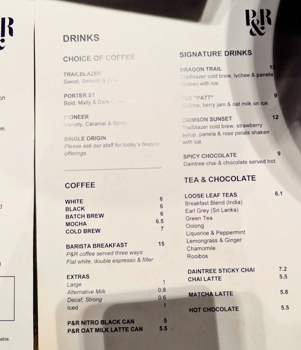 Menu, Pablo & Rusty's Sydney CBD