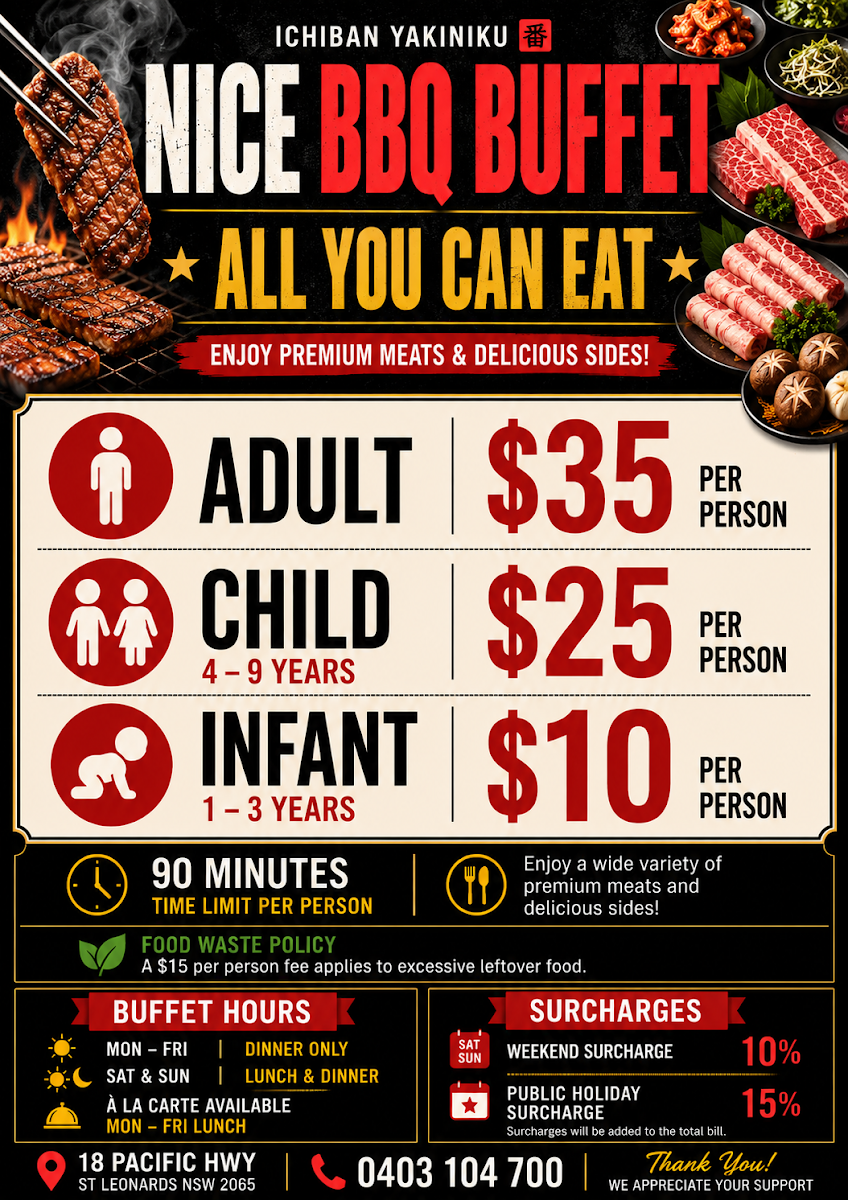 Menu, Nice BBQ Buffet (previous Ichiban Yakiniku)