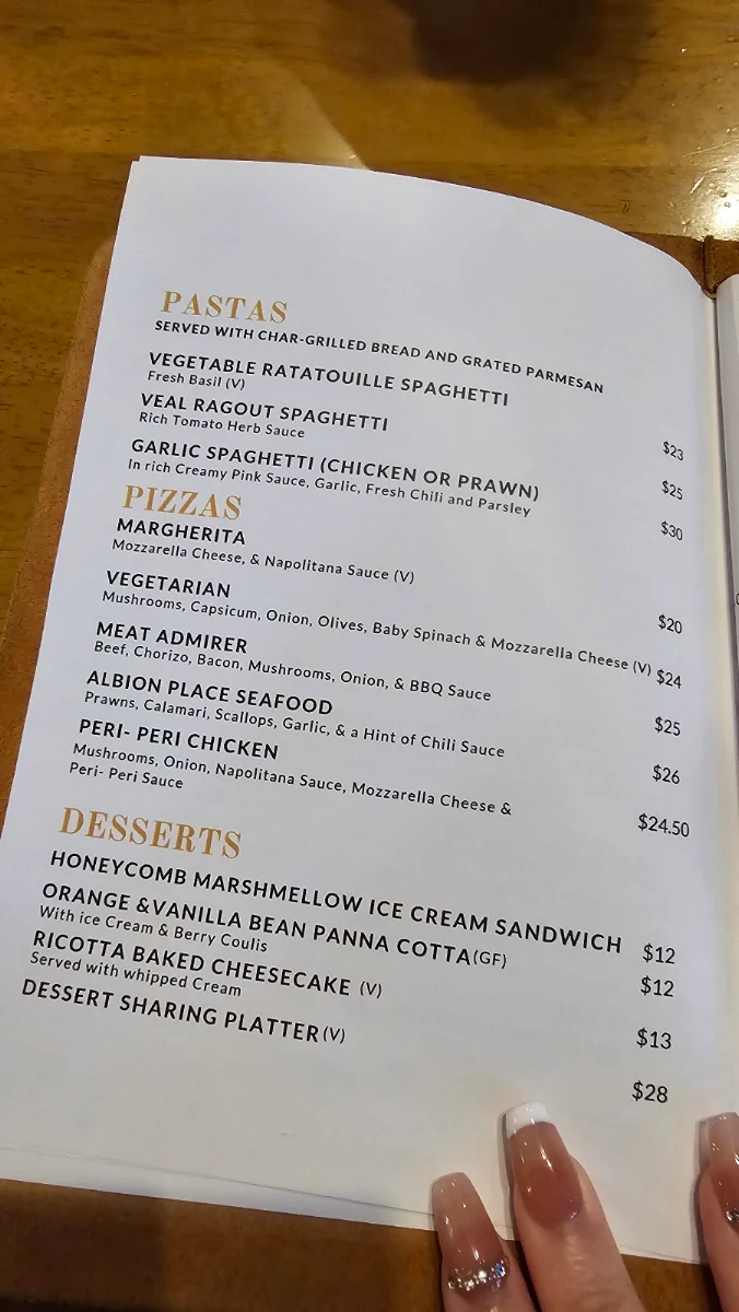 Menu, Albion Place Hotel