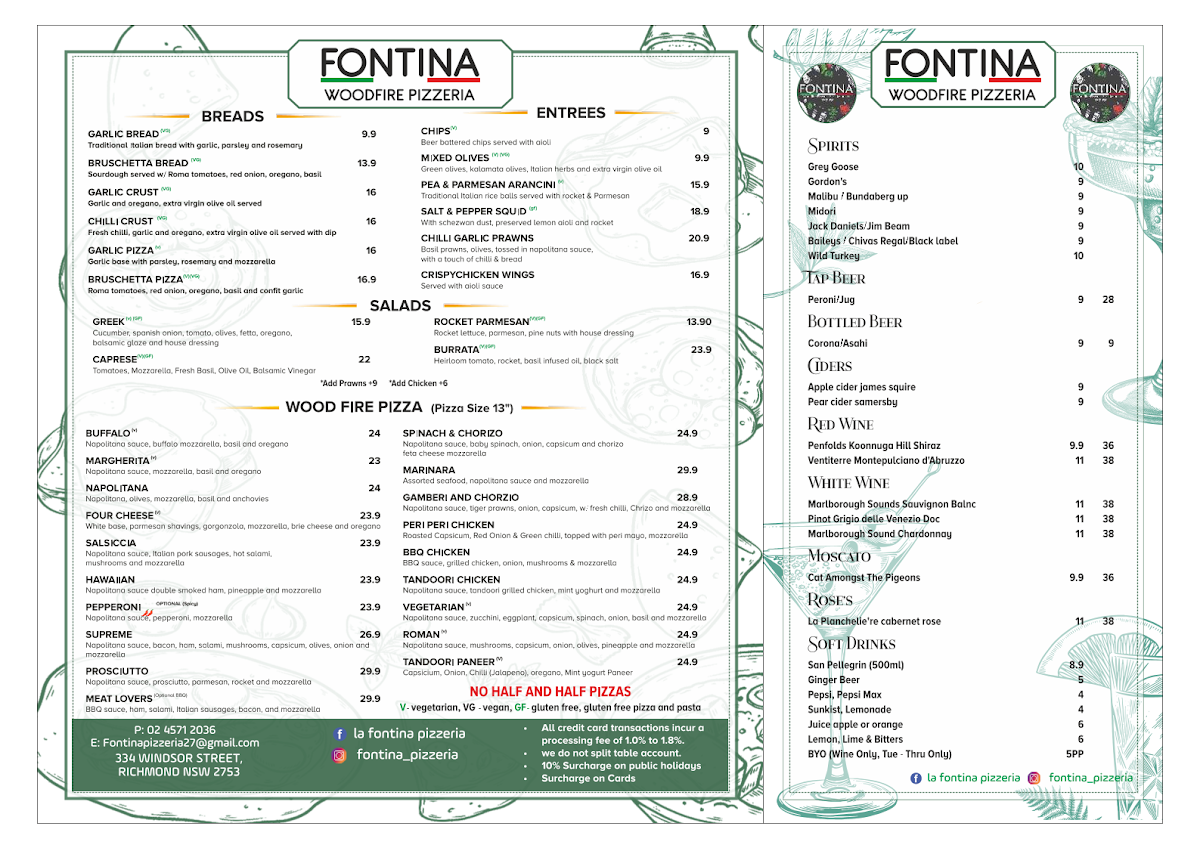 Menu, Fontina Woodfire Pizzeria