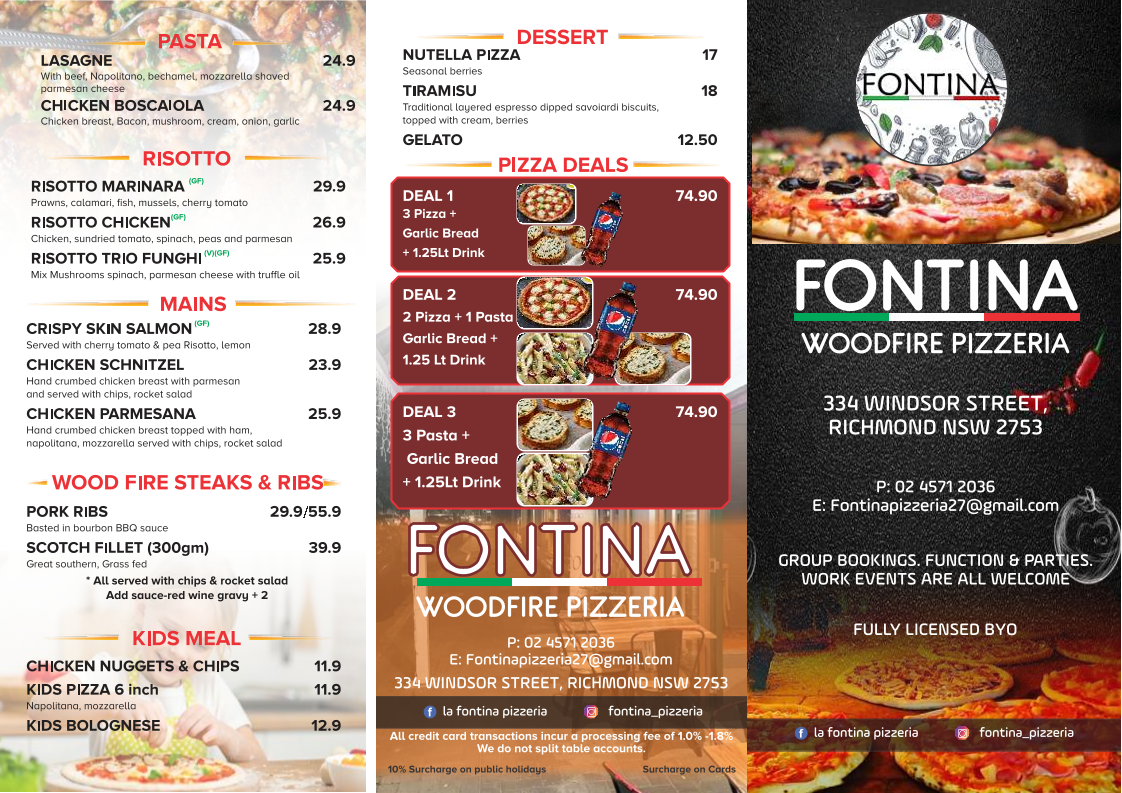 Menu, Fontina Woodfire Pizzeria