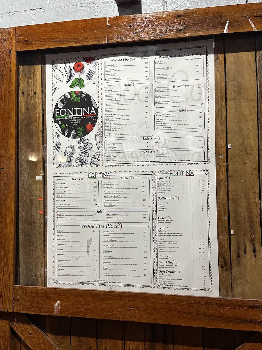 Menu, Fontina Woodfire Pizzeria
